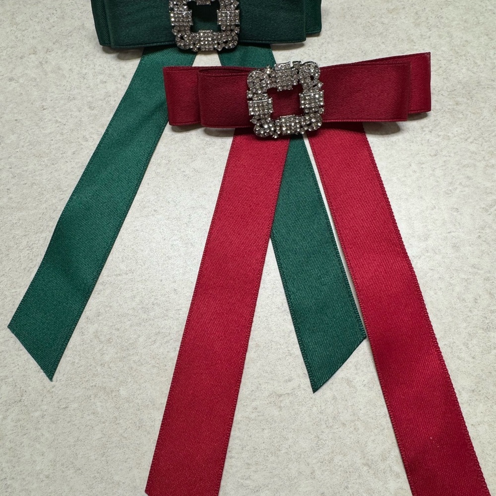 Elegant Rhinestone Buckle Hair Bows - Green and Red
